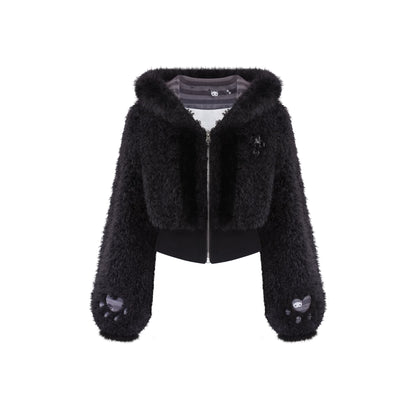 Black fluffy jacket with cat paw details on a white background