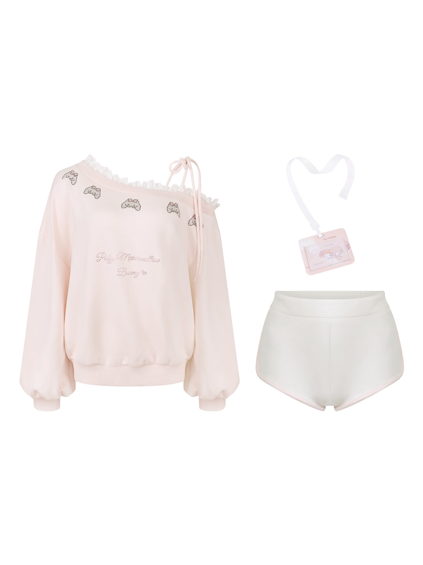 Light pink sweatshirt with embroidered details and white shorts on a white background