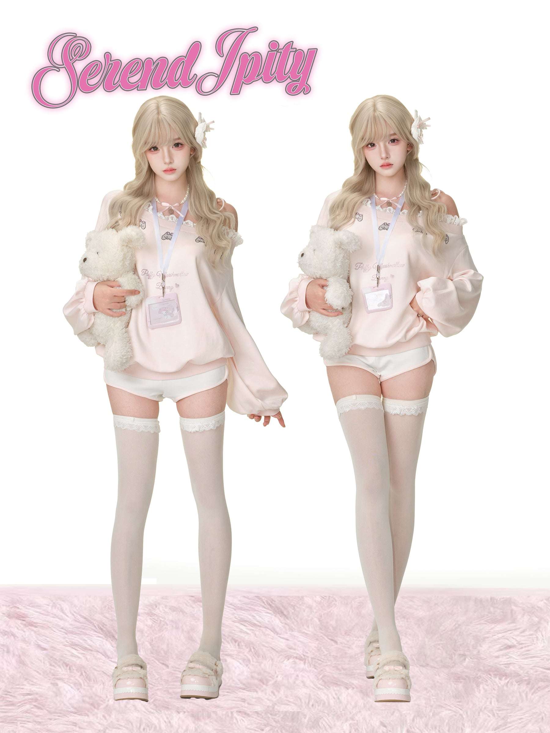 Two people in matching outfits with teddy bears on a pink background