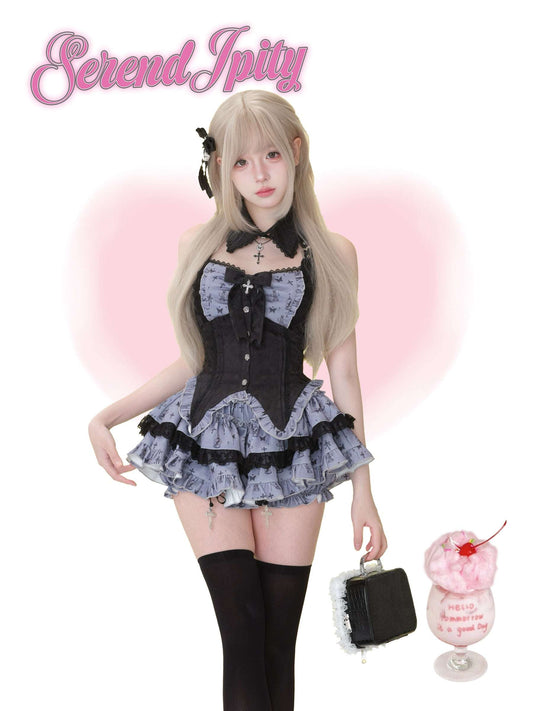 purple halter-neck vest with butterfly print and black trim