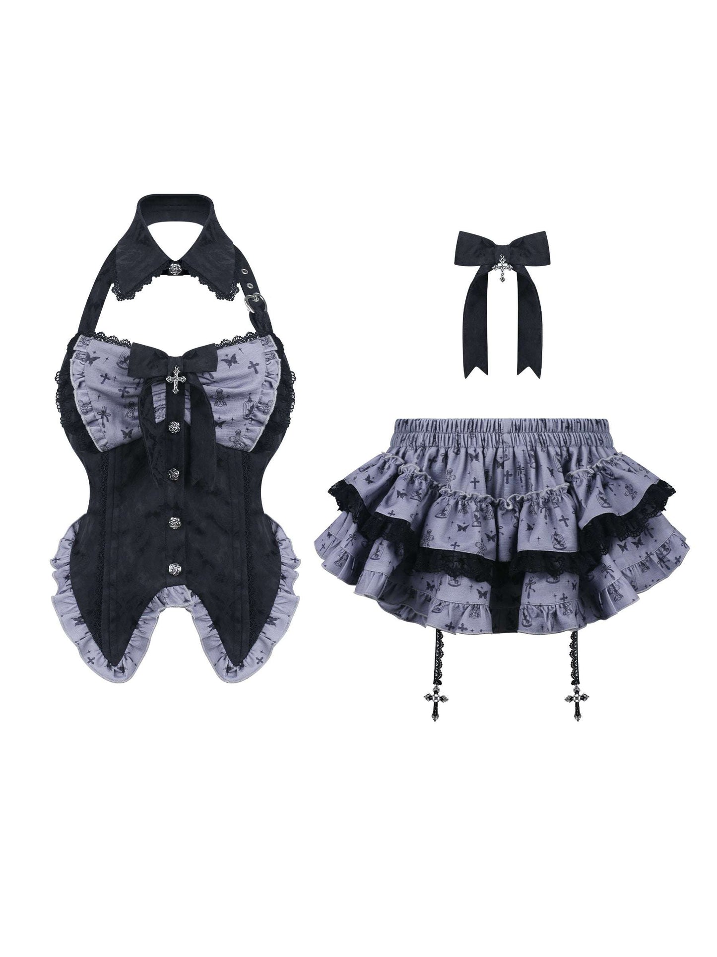 close-up of butterfly motif and corset-style waist panel