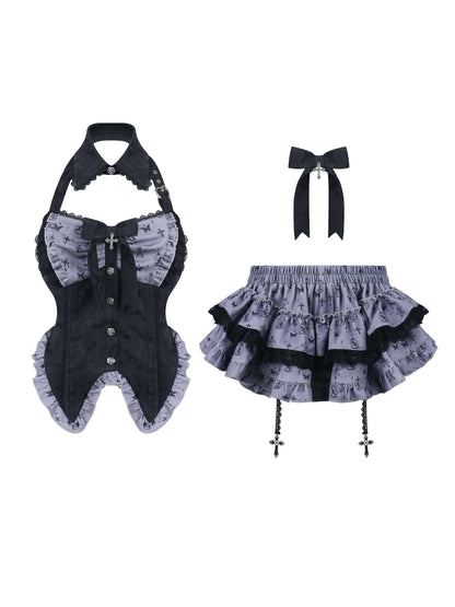 close-up of butterfly motif and corset-style waist panel