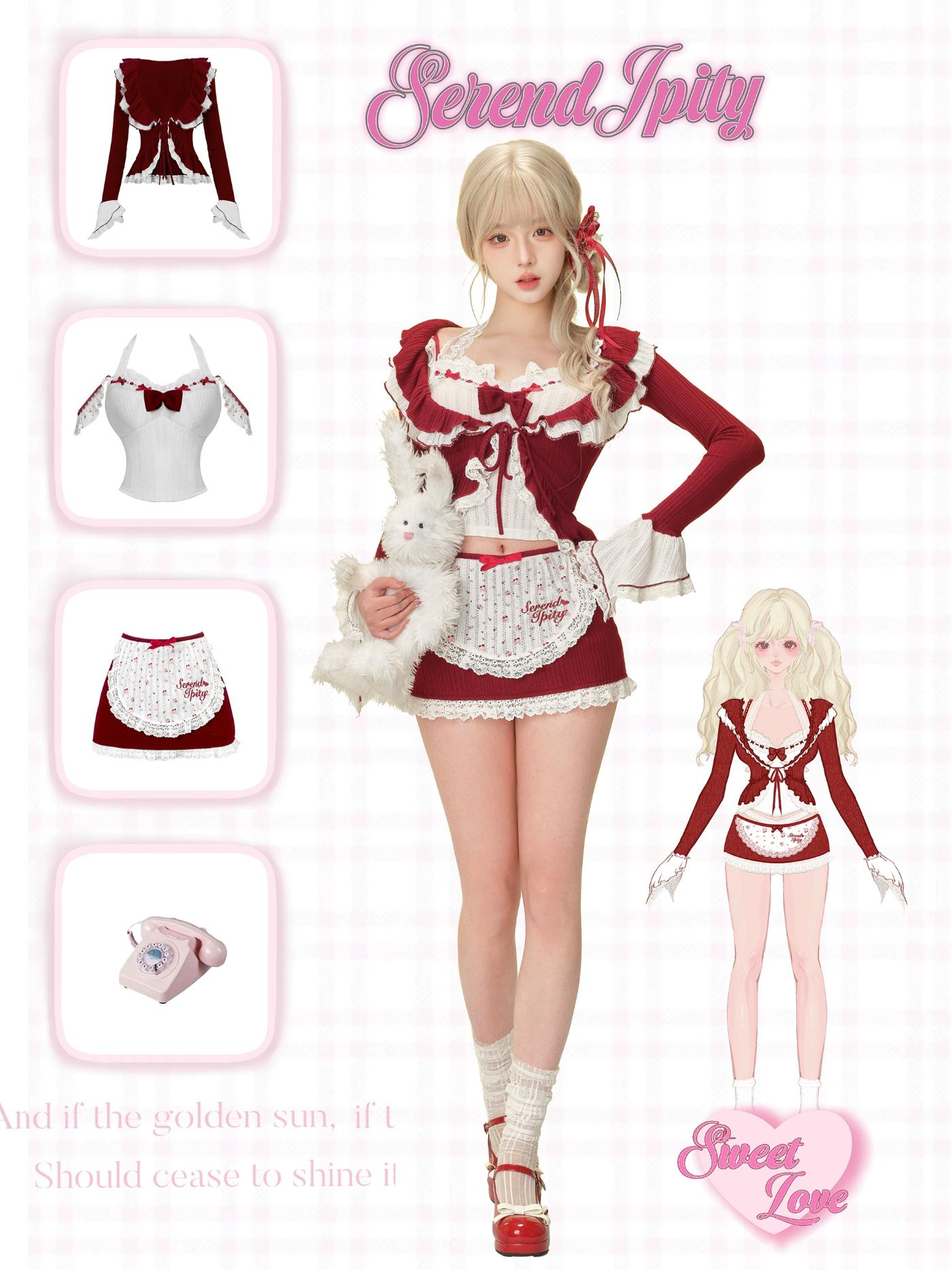 Serendipity Dessert Red Velvet Cami Cardigan Skirt Three Piece Set