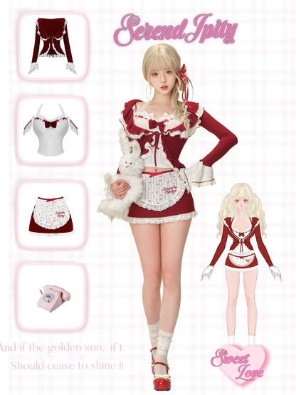 Serendipity Dessert Red Velvet Cami Cardigan Skirt Three Piece Set
