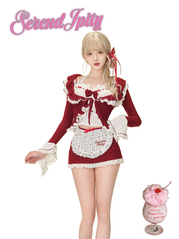 Serendipity Dessert Red Velvet Cami Cardigan Skirt Three Piece Set