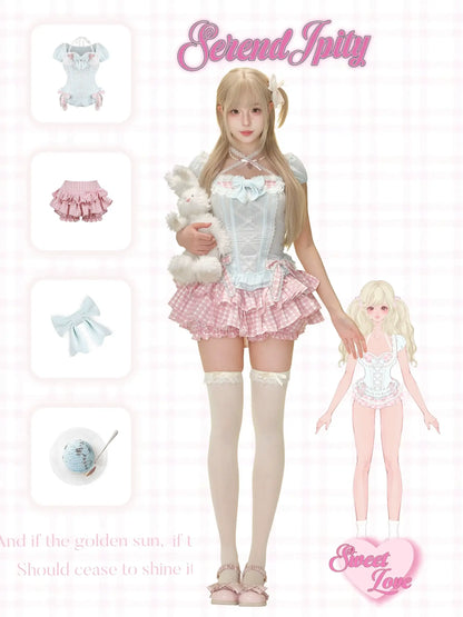 airy pastel outfit featuring diamond lace and plaid bottoms