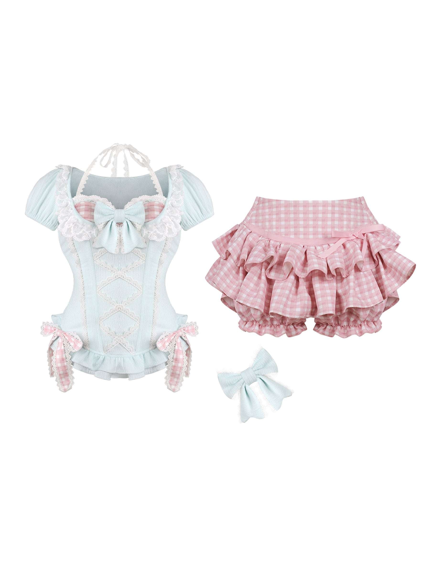 close-up of lace overlay on light-blue top paired with bloomers