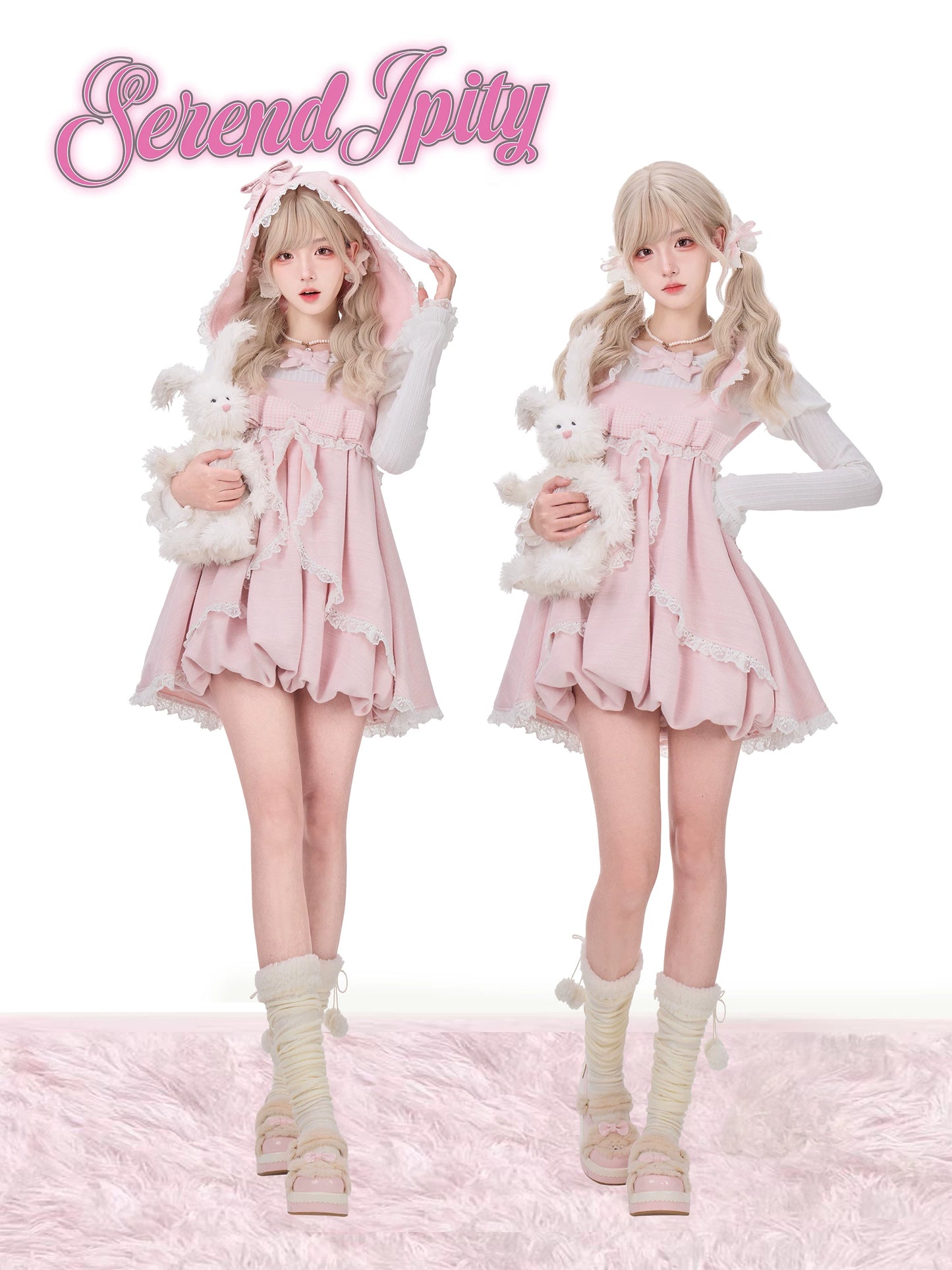 Two identical dolls in pink outfits with fluffy white bunnies on a pink background