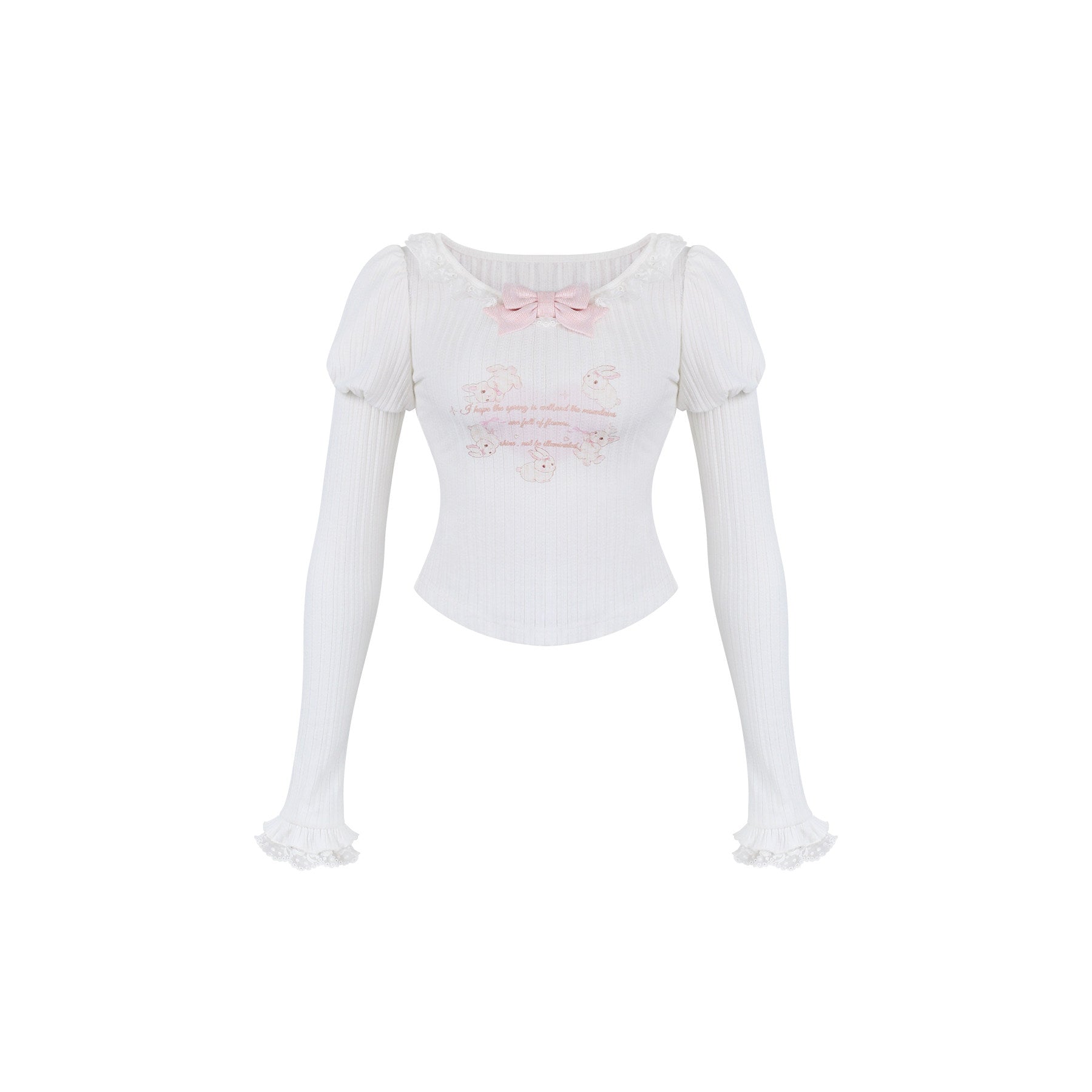 White long-sleeve top with decorative elements on a white background