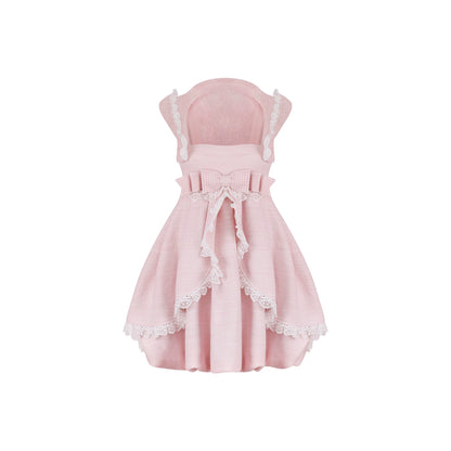 Pink dress with lace details on a white background