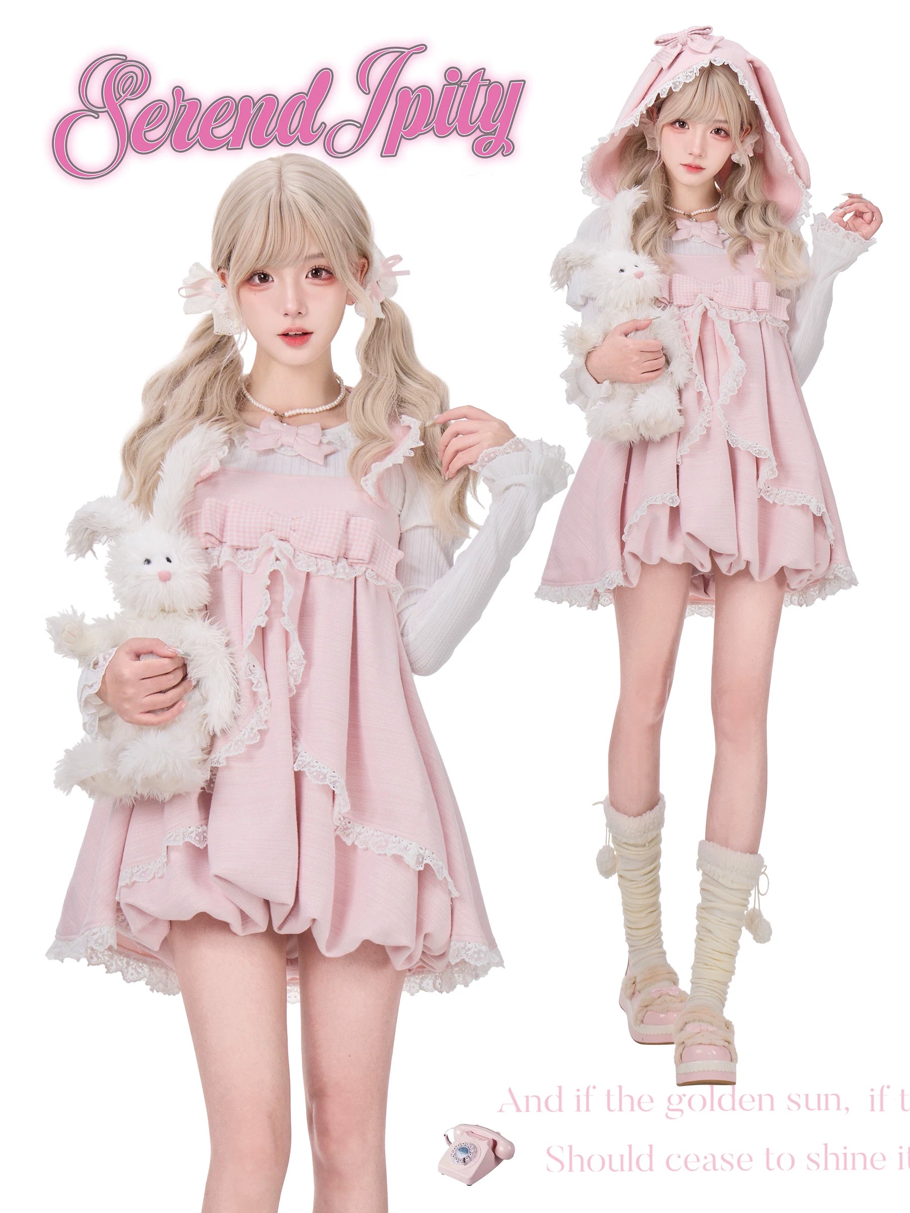 Two women in pink outfits with white accessories, holding sheep plushies, on a white background