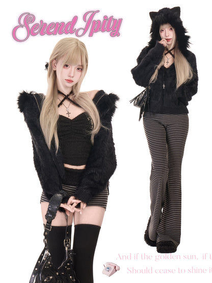 Two individuals wearing black and gray outfits with cat ears, posing against a white background. The brand 'Serendipity' is visible.
