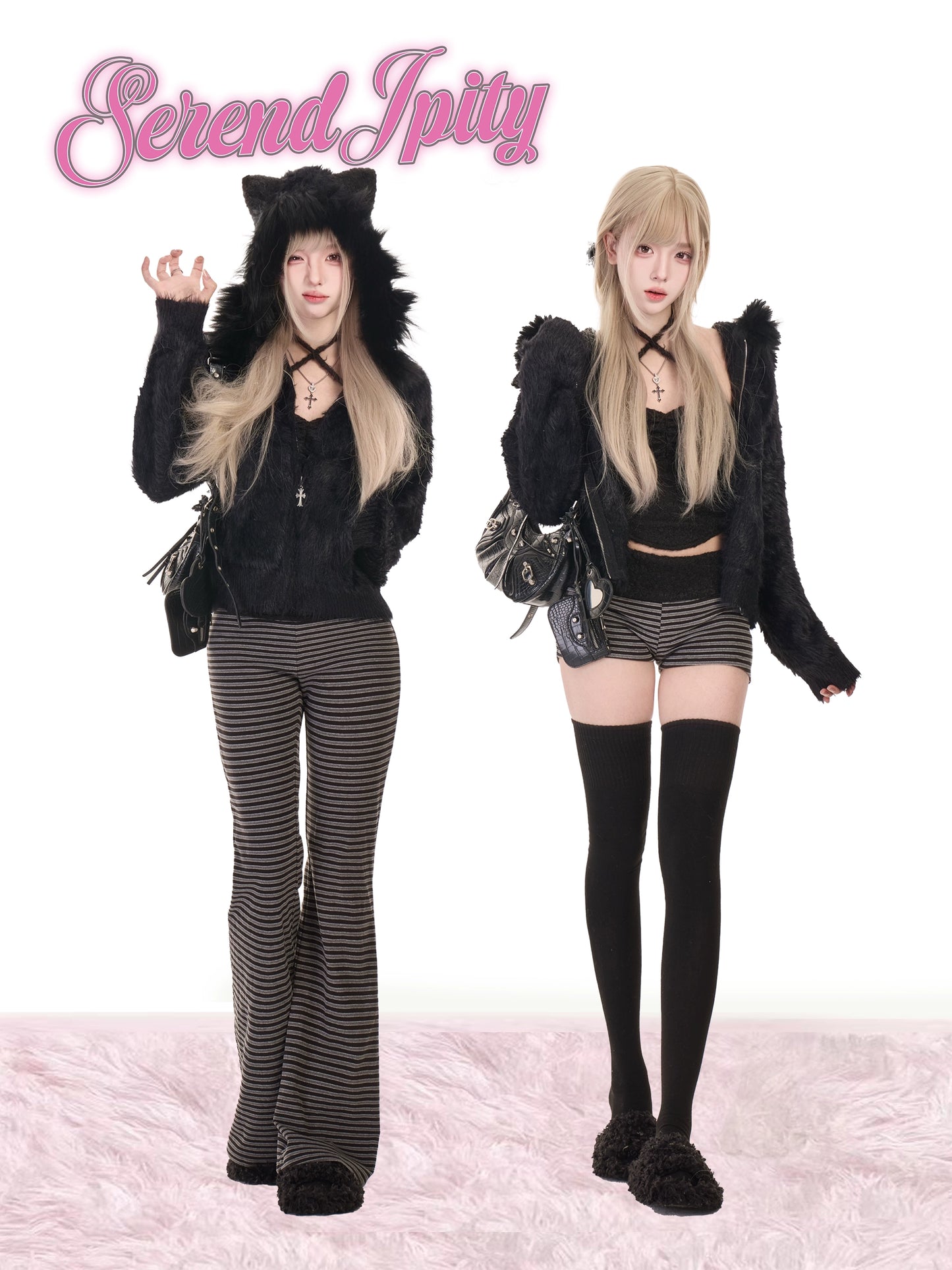 Two people wearing black outfits with cat ears and striped pants on a white background.