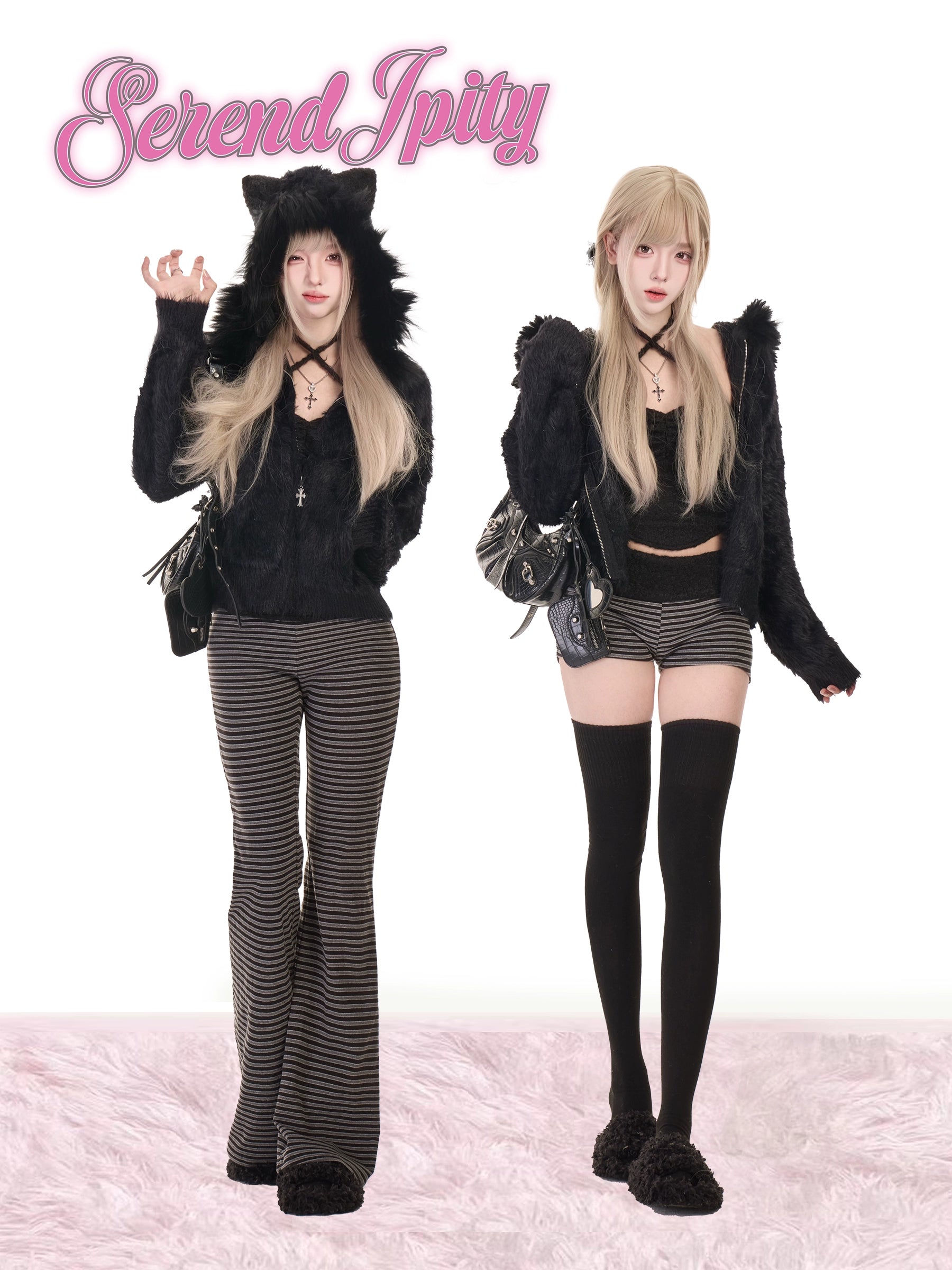 Two people wearing black outfits with cat ears and striped pants on a white background.