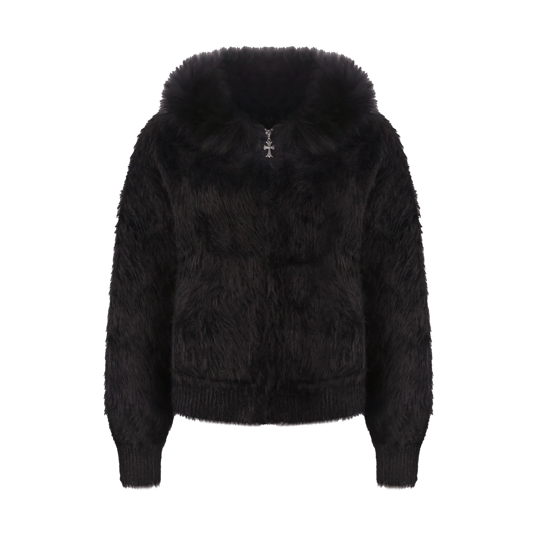 Black fluffy jacket on a white background