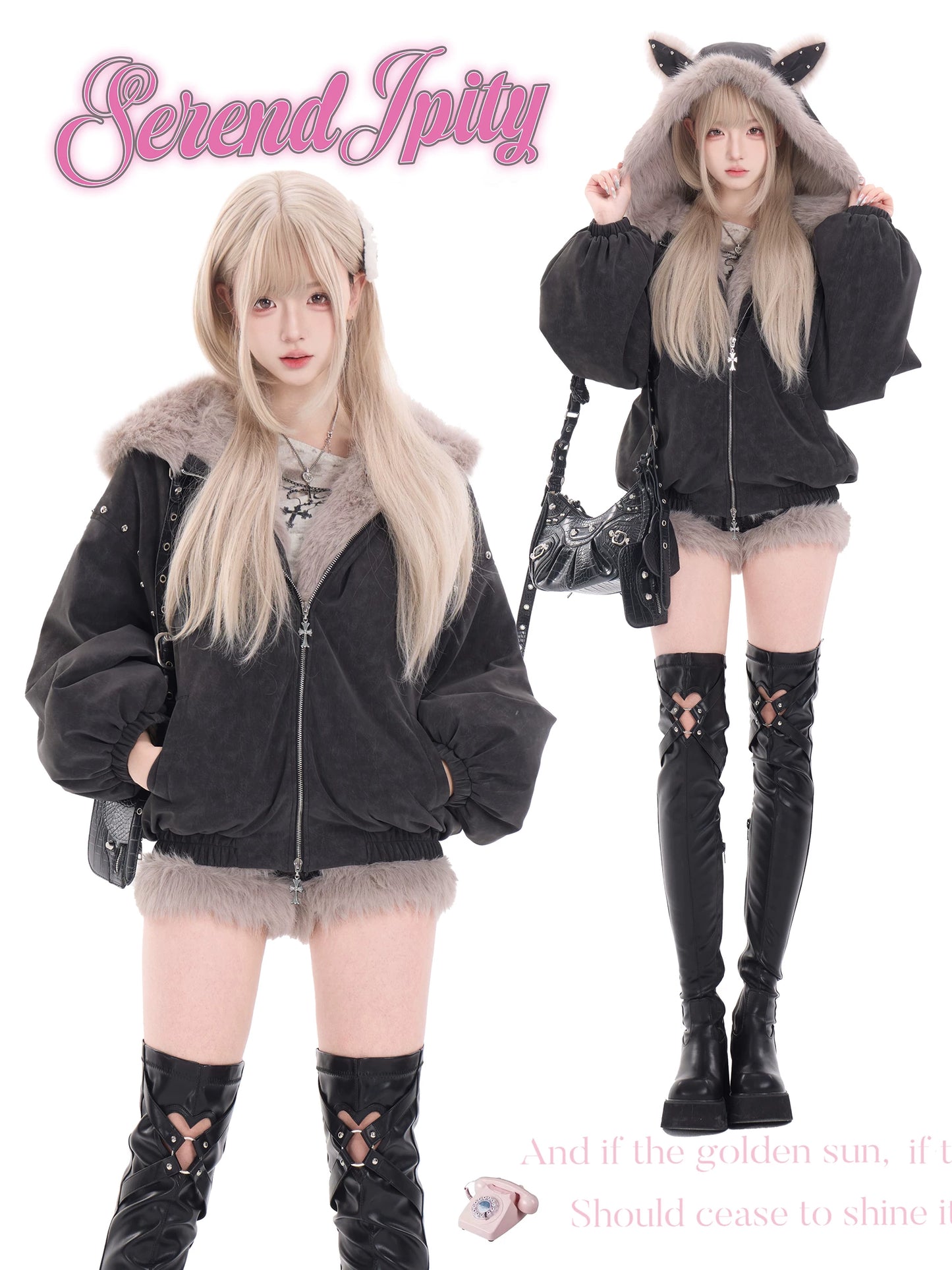 Two individuals wearing black jackets with fur-lined hoods and knee-high boots, posing against a white background.