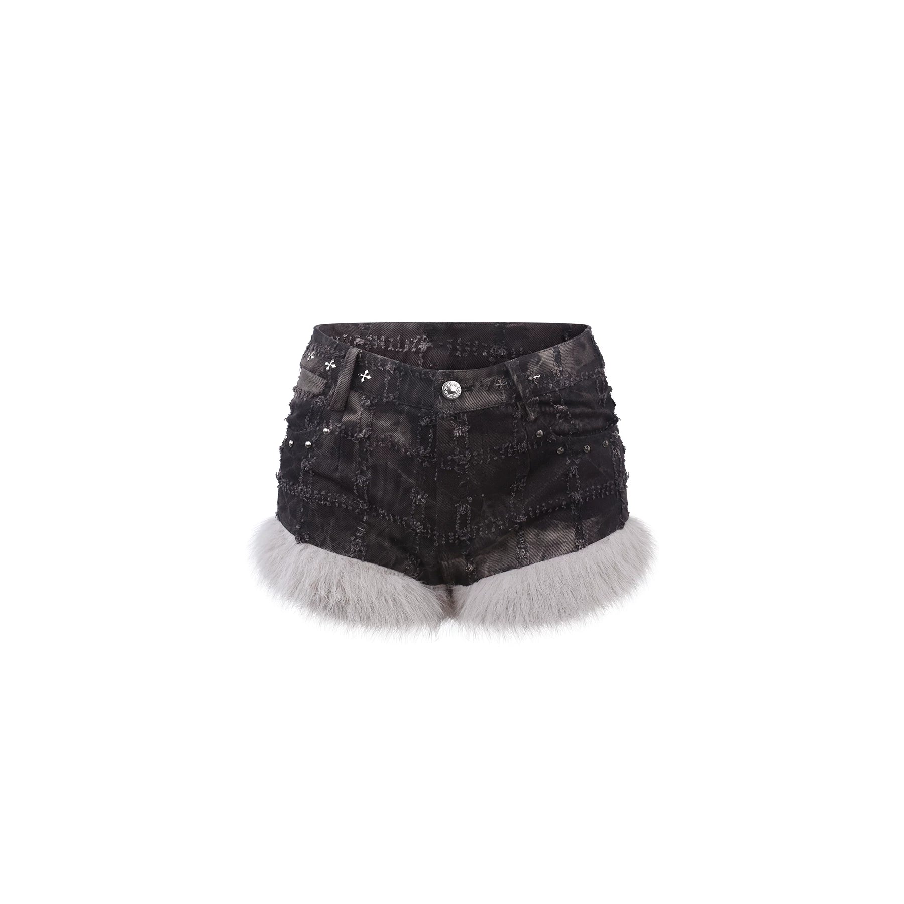 Black denim shorts with white lace trim on a white background