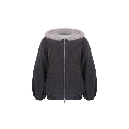 Black jacket with gray fur hood on a white background