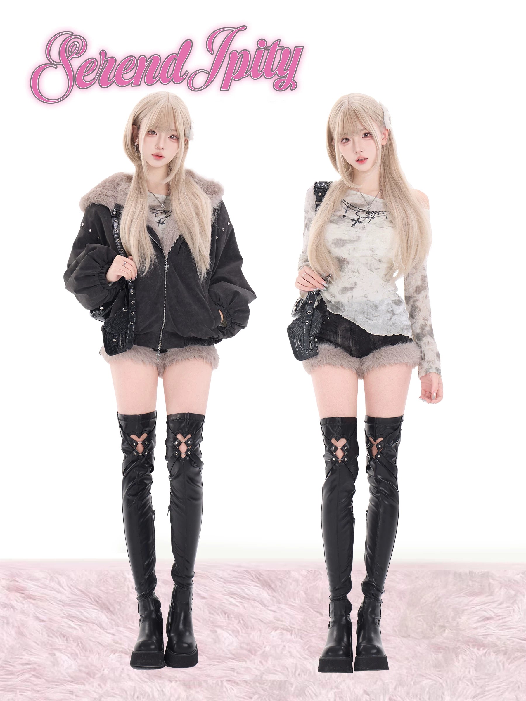 Two people wearing matching outfits with black knee-high boots on a white background
