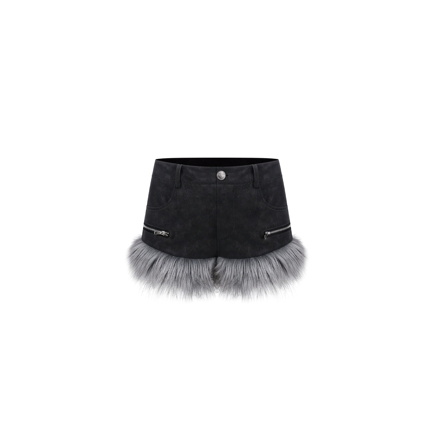 Black denim shorts with fur trim on a white background