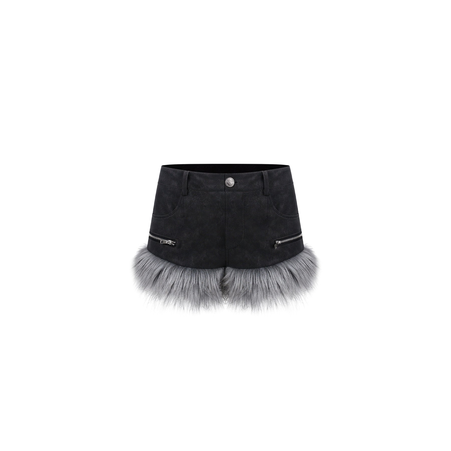 Black denim shorts with fur trim on a white background