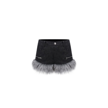Black denim shorts with fur trim on a white background