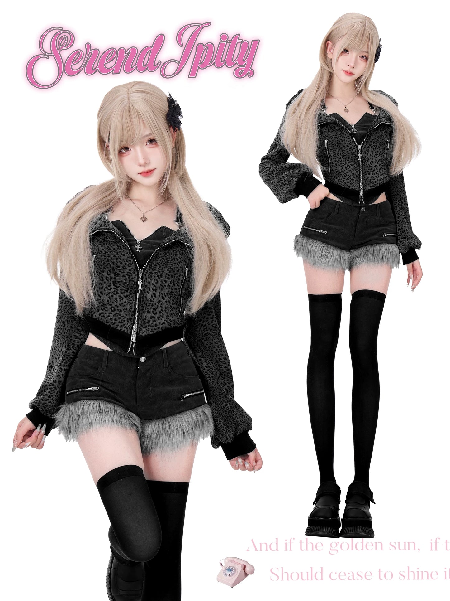 Person wearing a black outfit with fur details and knee-high boots, standing against a white background.
