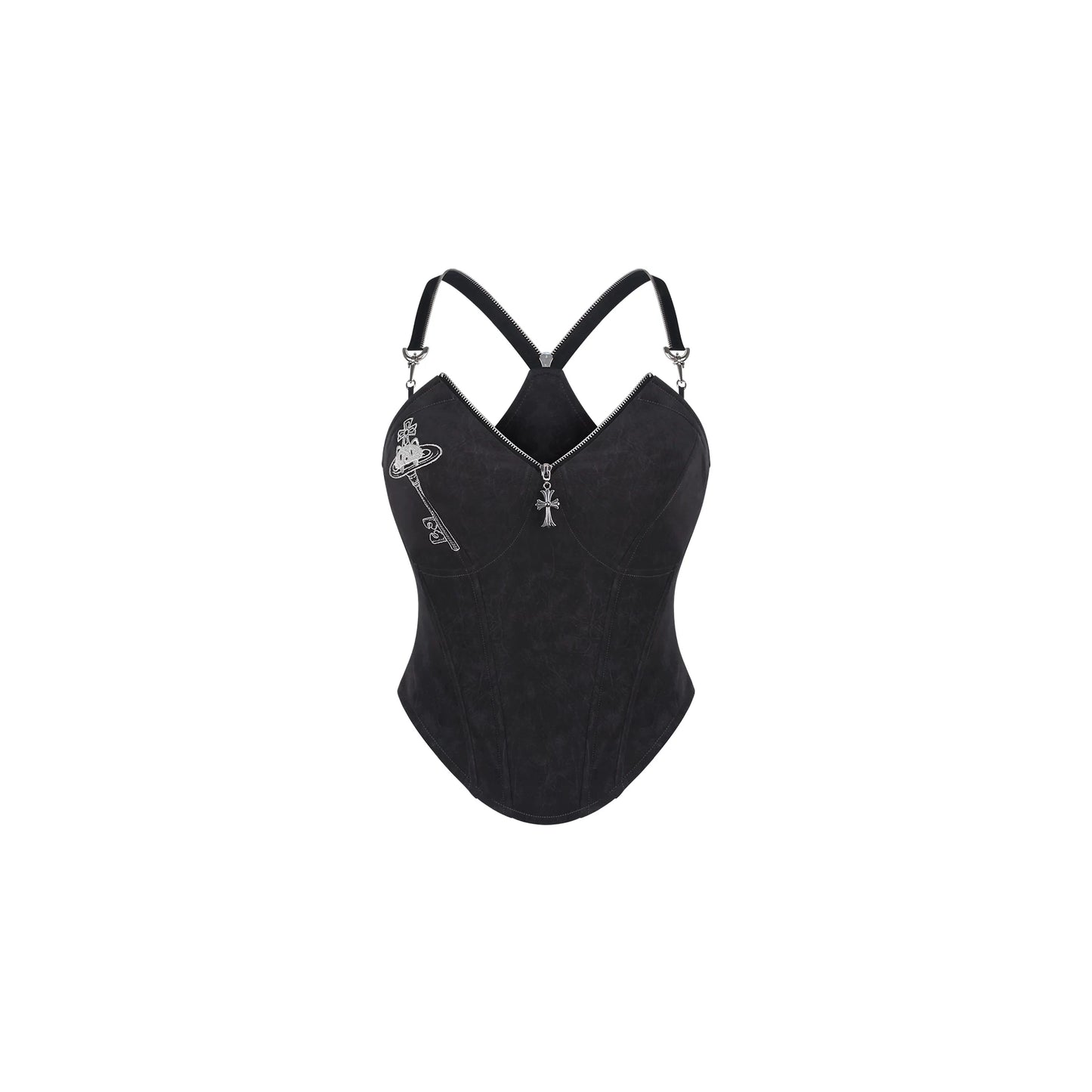 Black leather camisole with decorative straps on a white background