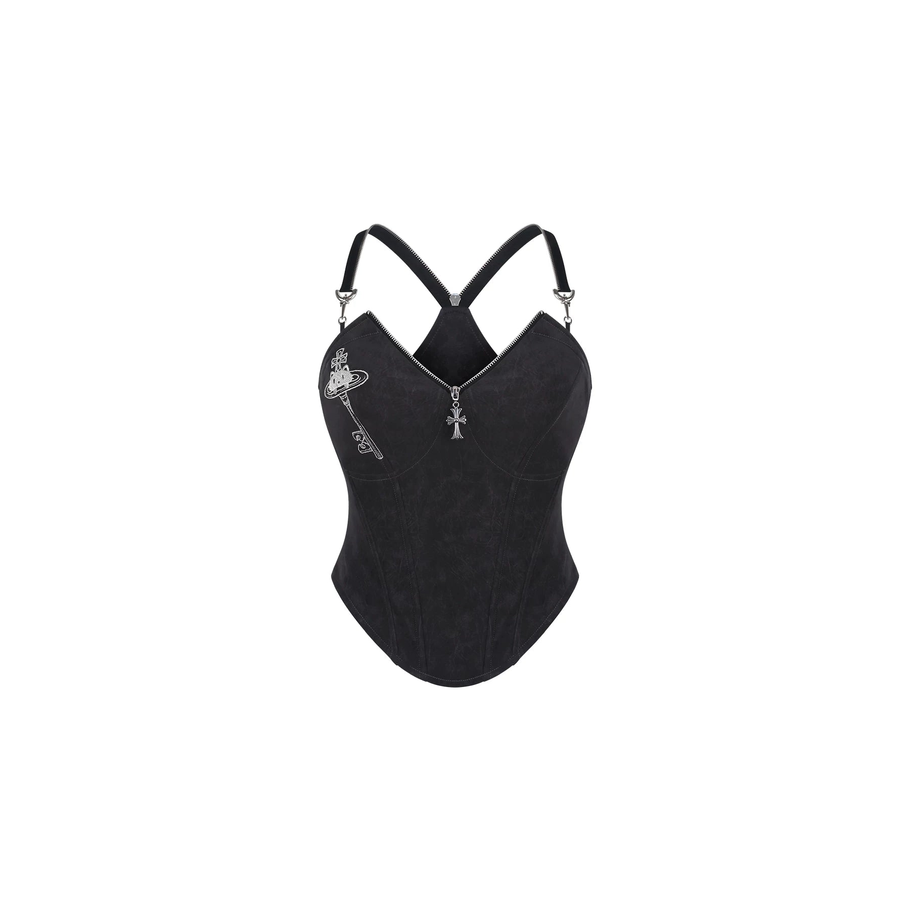 Black leather camisole with decorative straps on a white background