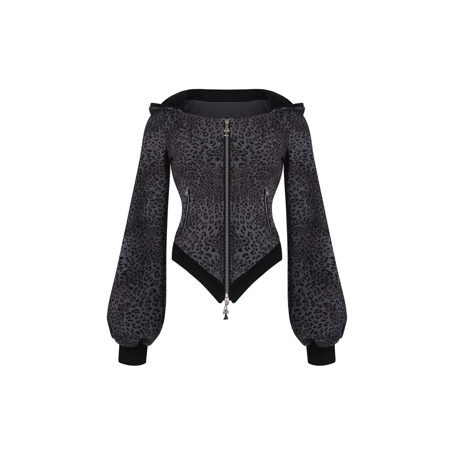 Black leopard print jacket with zipper on a white background