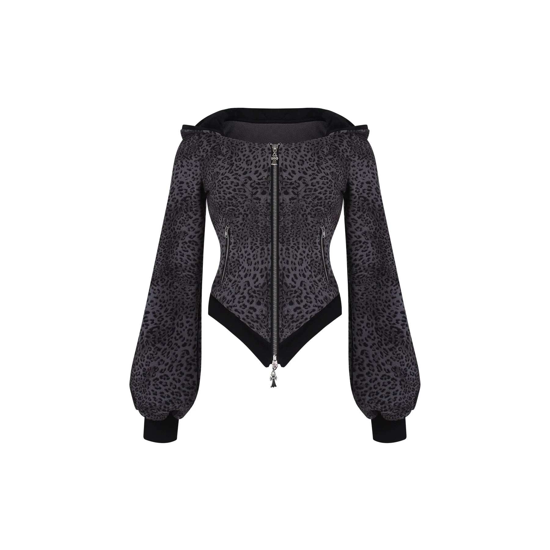 Black leopard print jacket with zipper on a white background