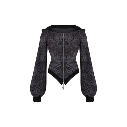 Black leopard print jacket with zipper on a white background