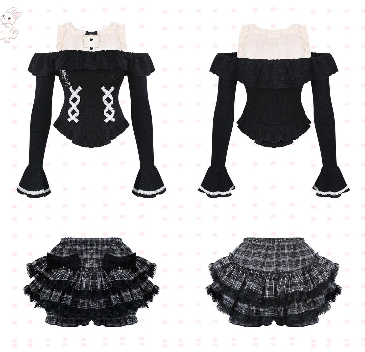 Black and white outfit with ruffled sleeves and plaid skirt on a white background