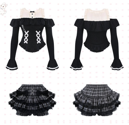 Black and white outfit with ruffled sleeves and plaid skirt on a white background