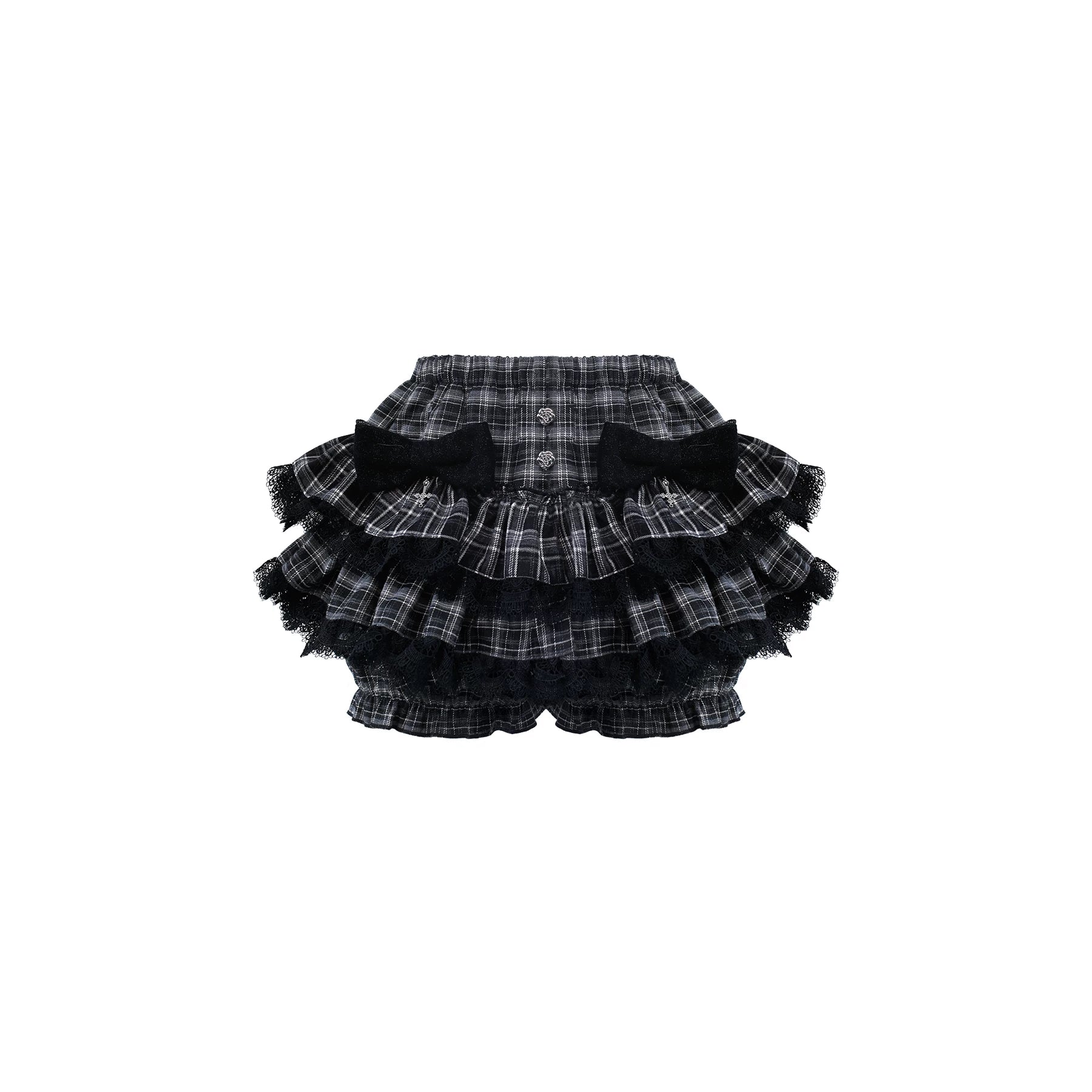 Plaid black skirt with ruffles on a white background