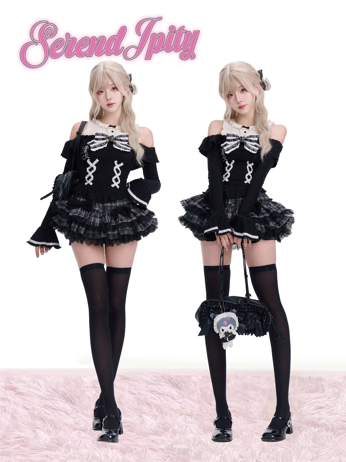 Two women in black and white skeleton-themed outfits