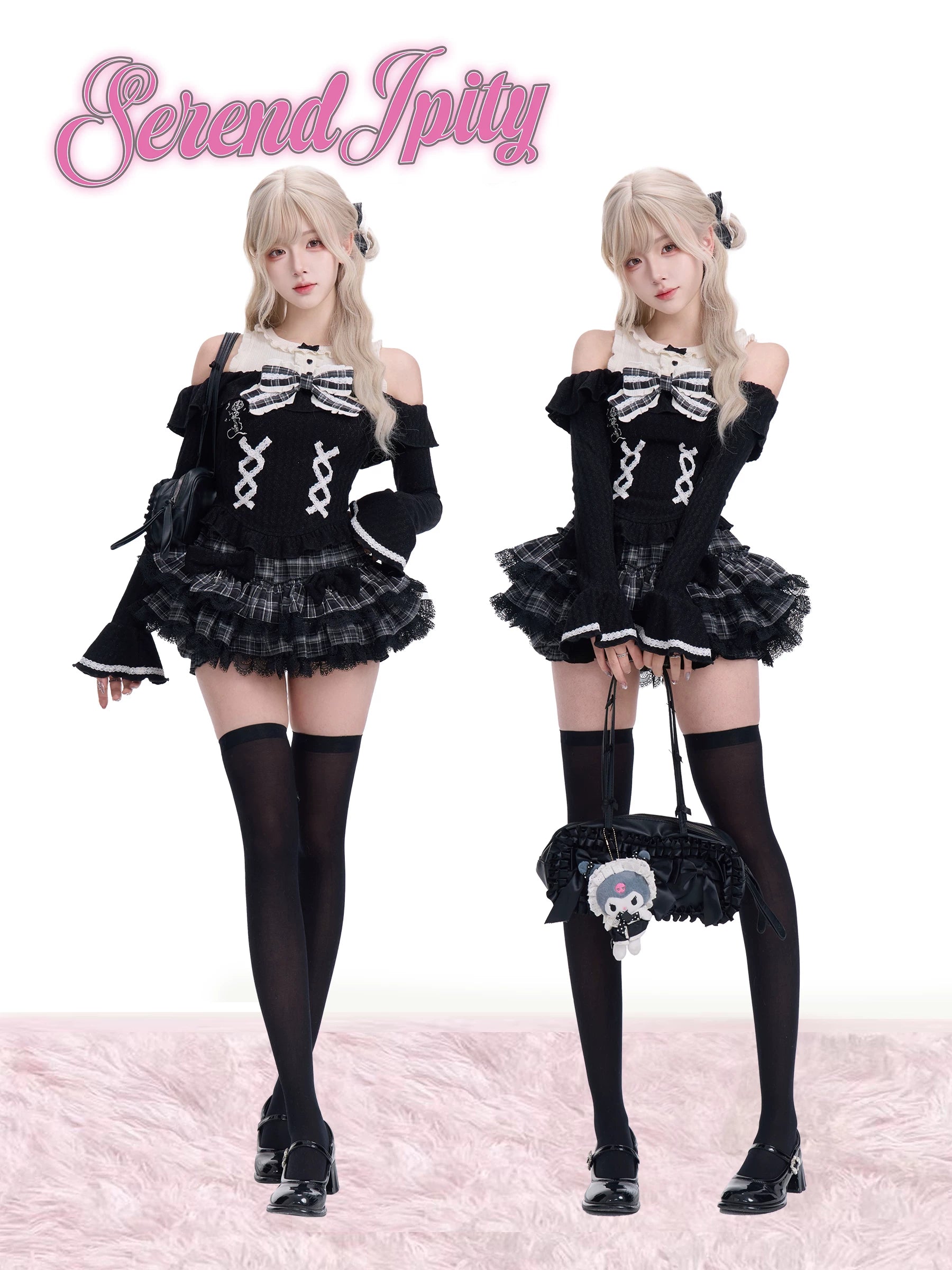 Two women in black and white skeleton-themed outfits