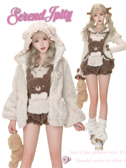 Serendipity Little Bear Bakery Sweater Hoodie Brown Overalls Three Piece Set