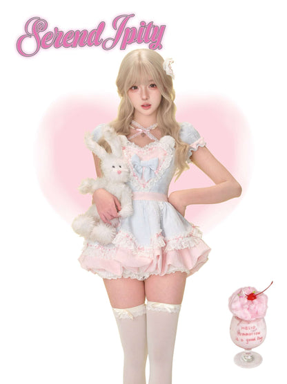 blue dress with pink heart and bear ears design on the chest