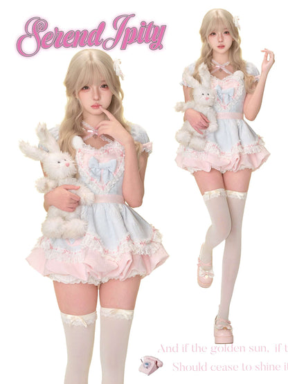 cute bear-themed blue dress with pink accents and puff sleeves