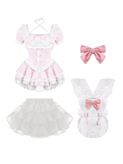 Set of pink and white lolita outfit with a bow on a white background
