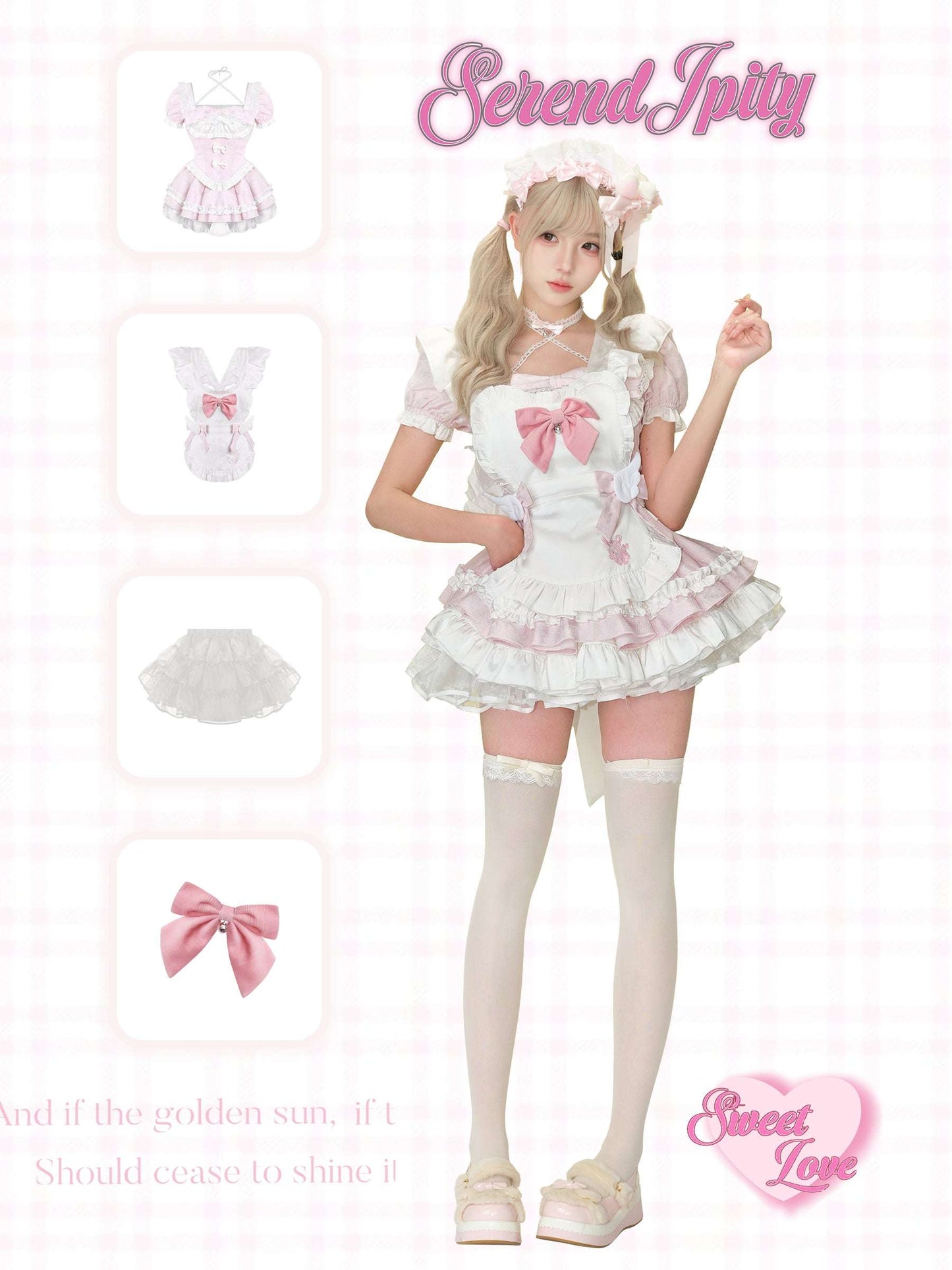 Lolita fashion outfit with matching accessories on a white background