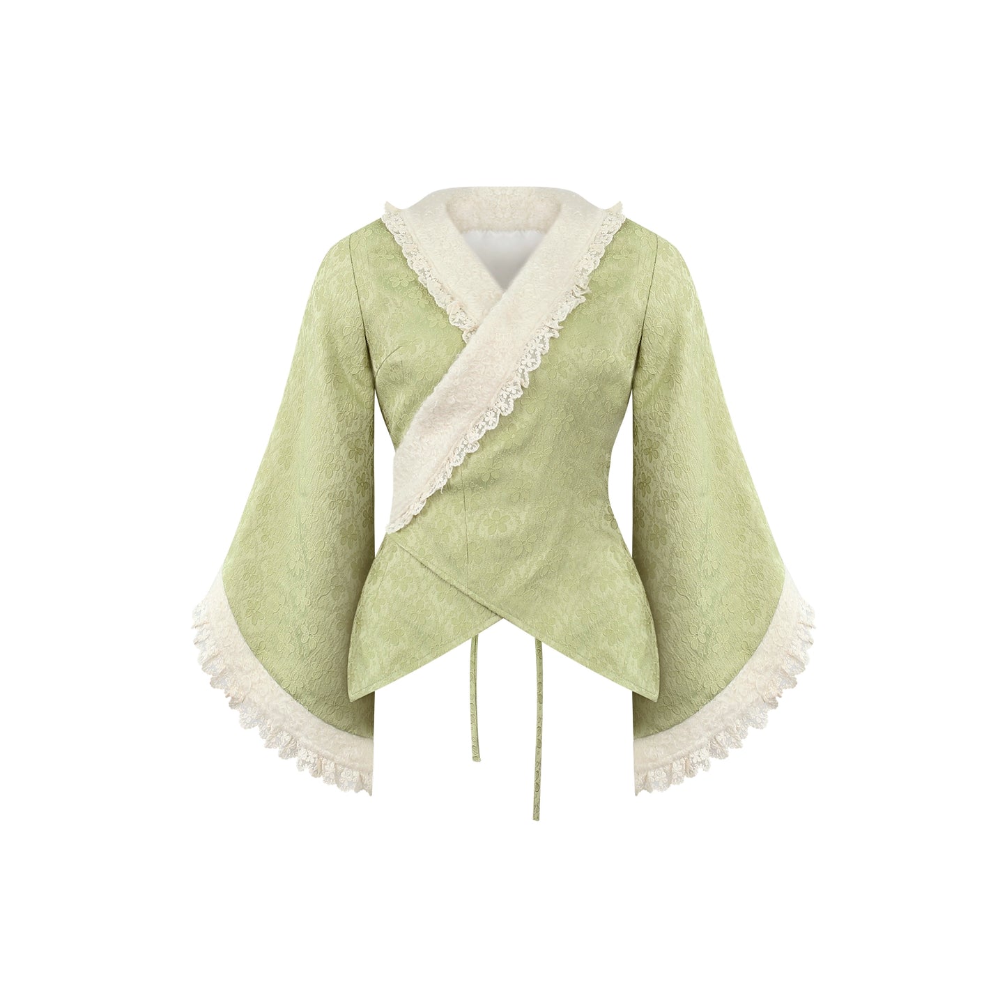 Light green kimono top with white trim on a white background