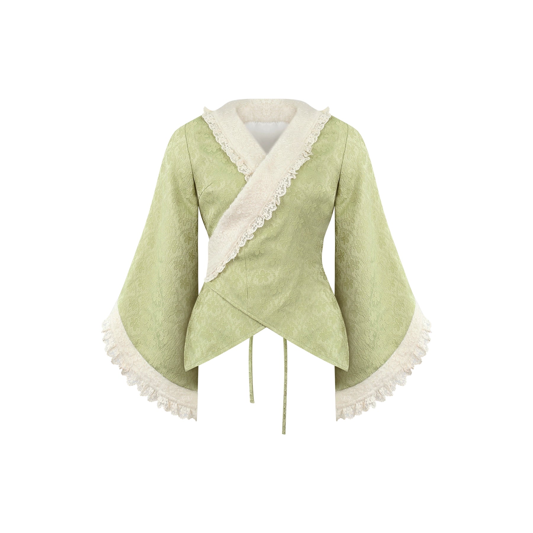 Light green kimono top with white trim on a white background
