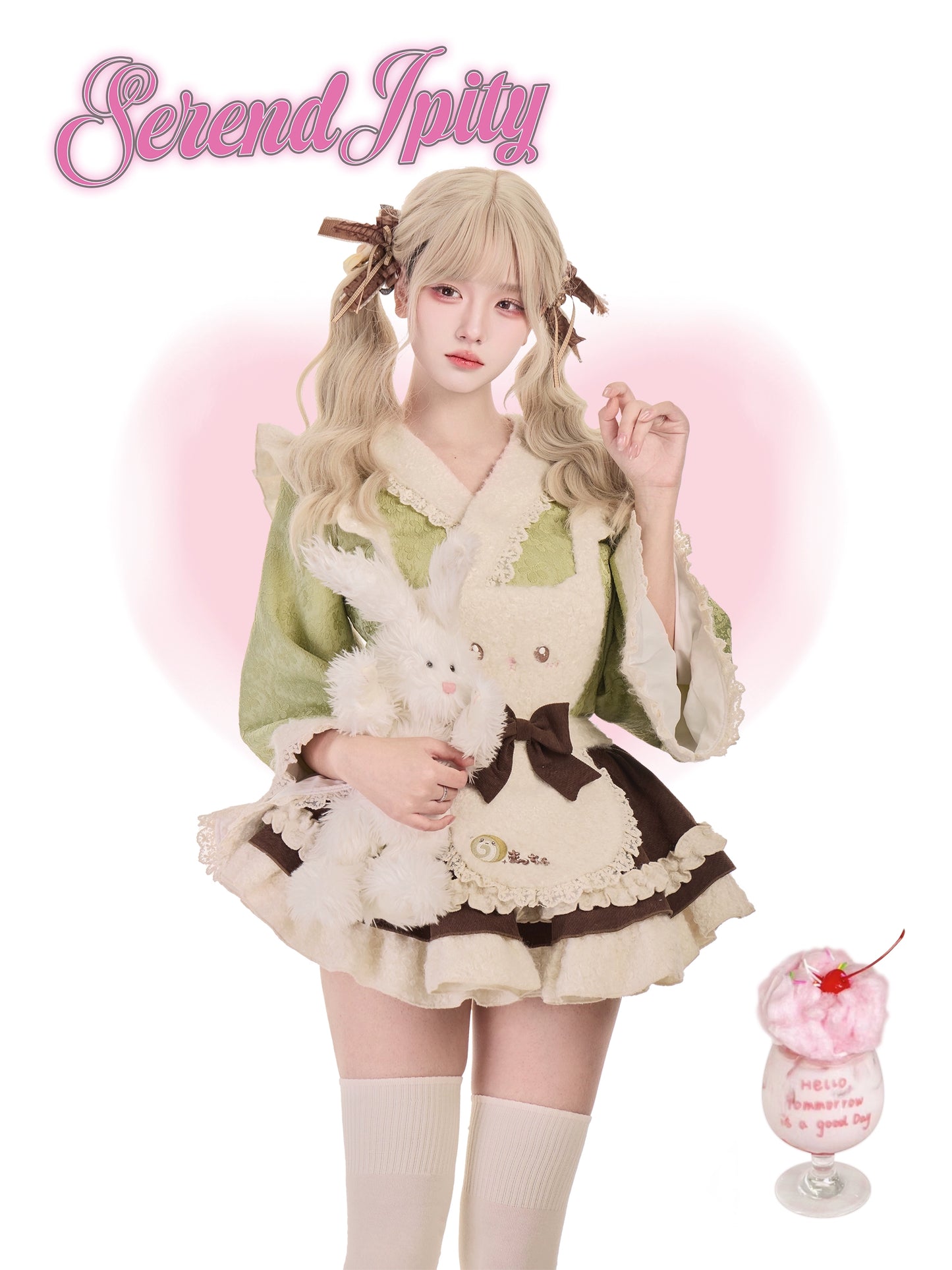 Person wearing a cute outfit with a rabbit plushie, holding a dessert, and 'Serendipity' branding.