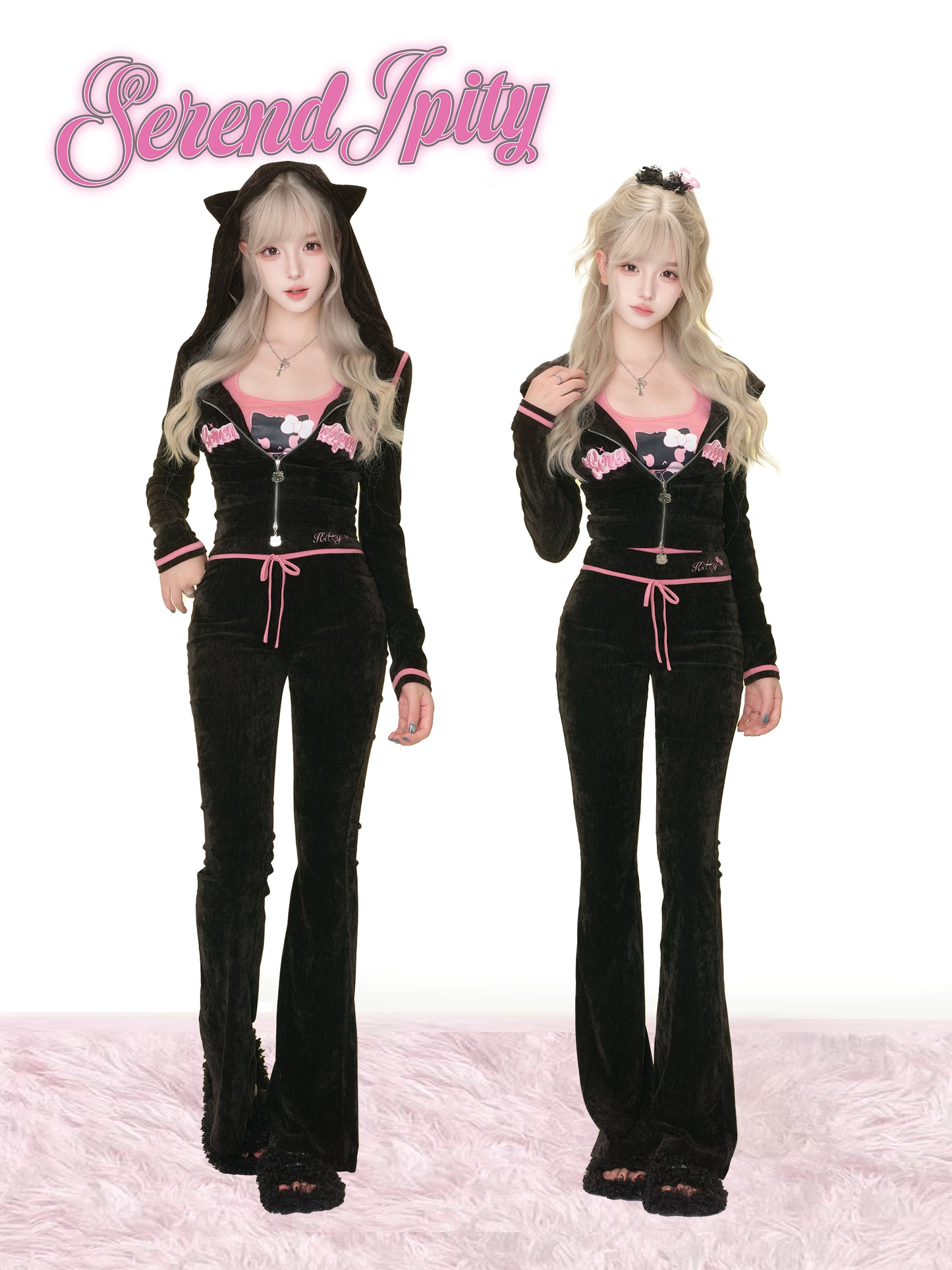 Two models wearing a black and pink outfit with 'Serenity Jpitty' branding on a white background.