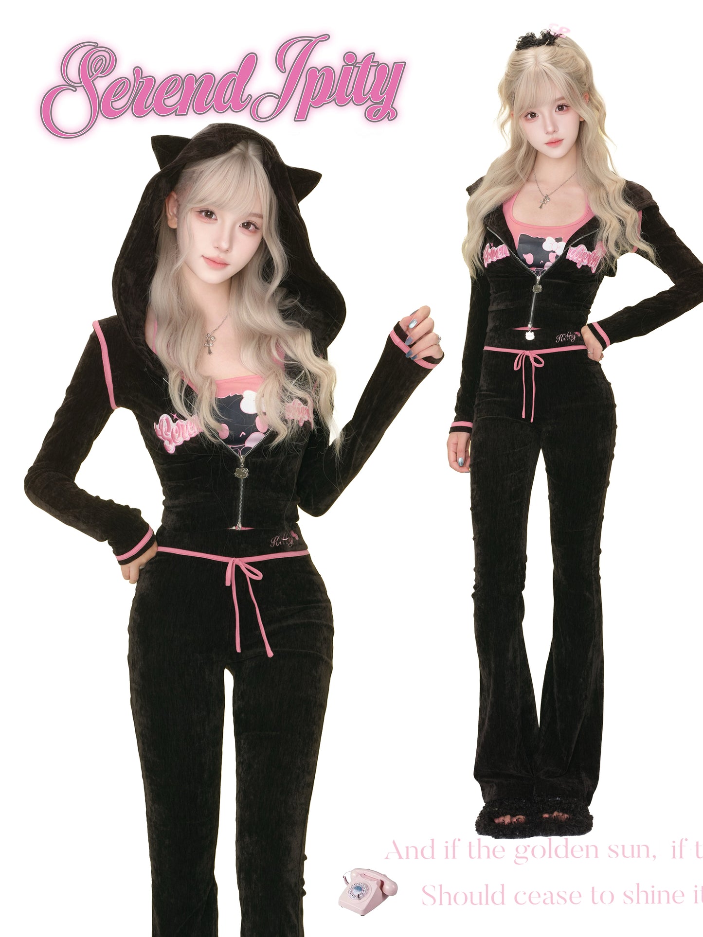 Black outfit with pink accents worn by a model, featuring a hood and flared pants.