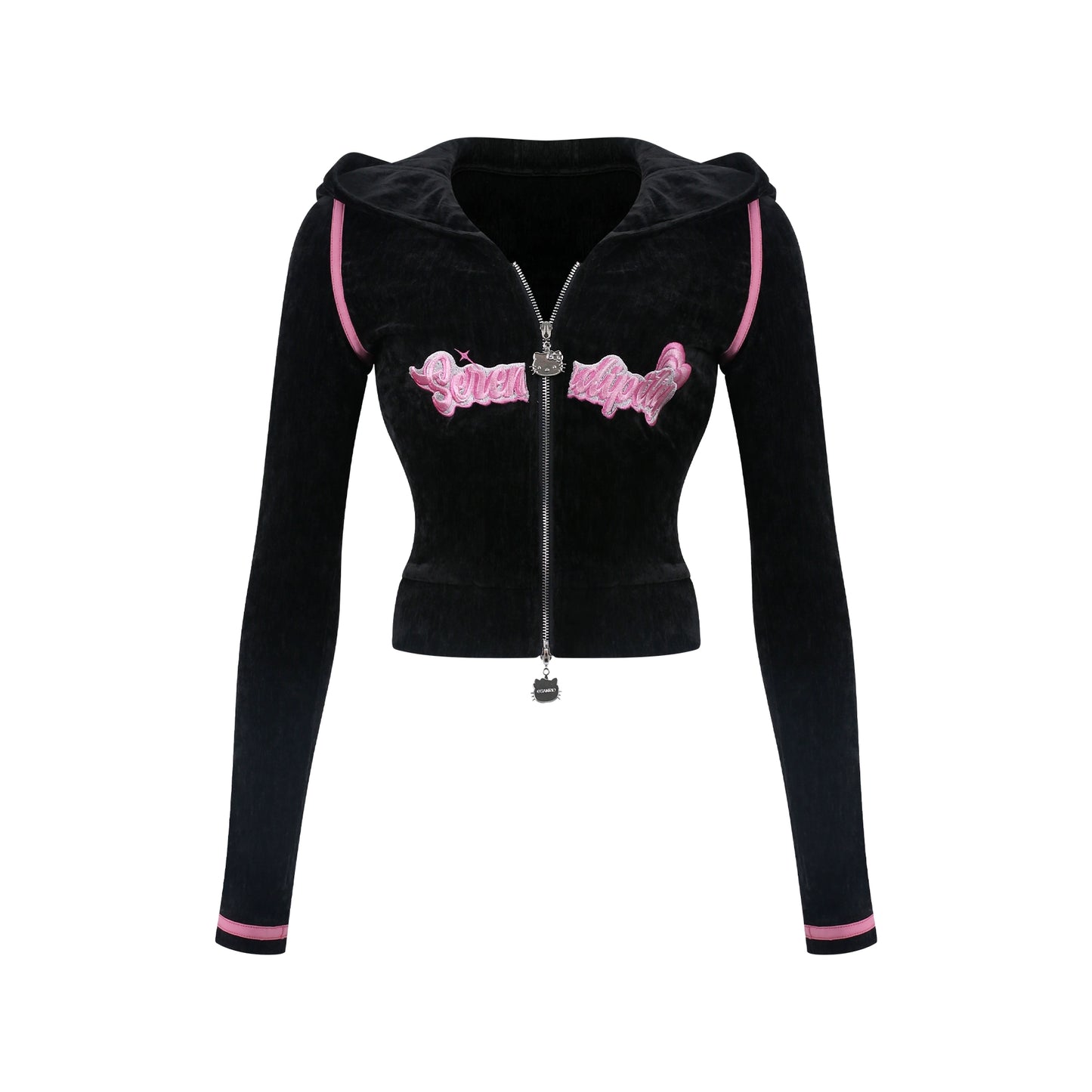 Black hoodie with pink accents on a white background