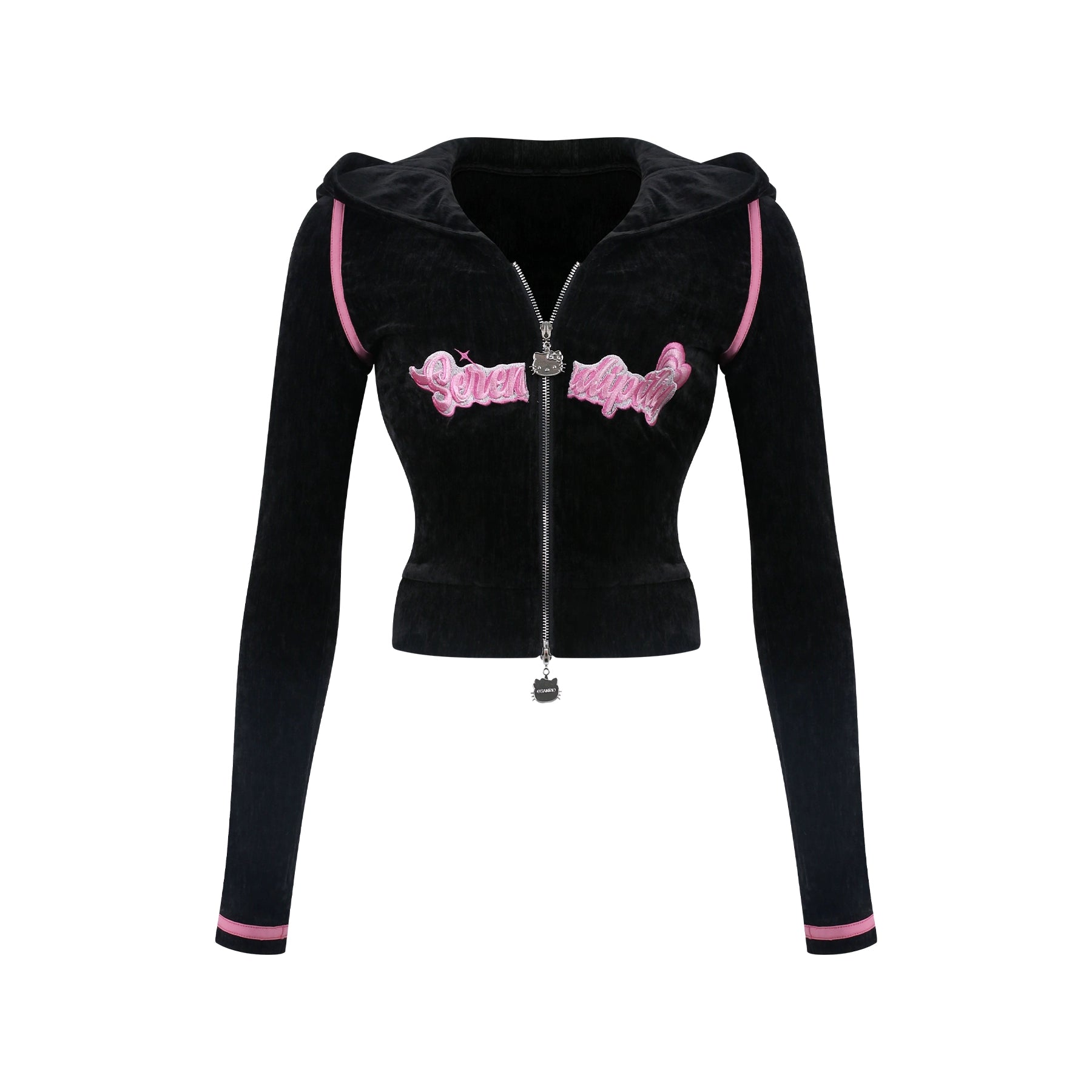 Black hoodie with pink accents on a white background