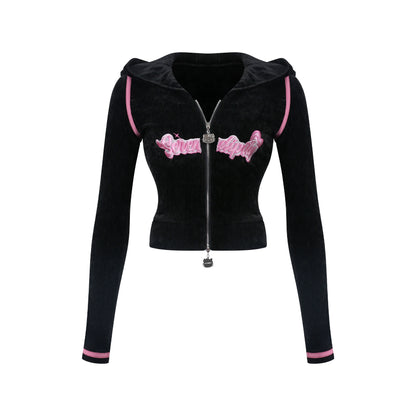 Black hoodie with pink accents on a white background